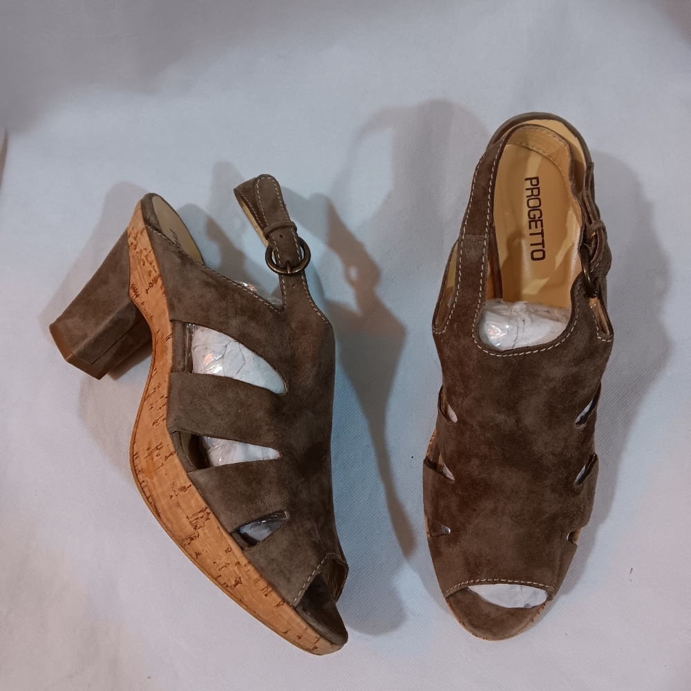 Progetto Womens 39 Suede Platform Sandals Shoes Taupe Brown Cork